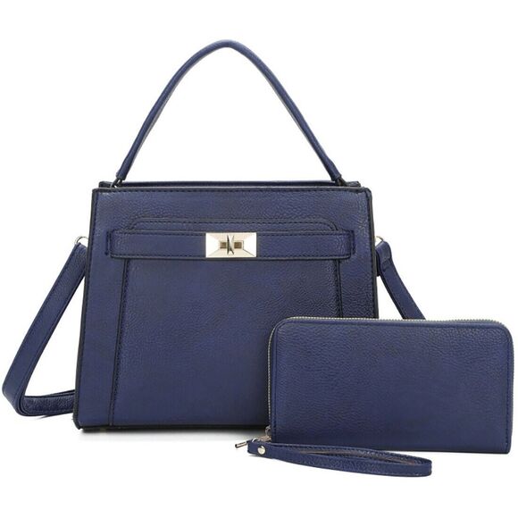 Handbags - Navy Blue Women's Top Handle Satchel with Wallet Plus Detachable Strap